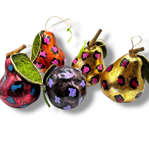 Embellished animal print vintage Metallic Foiled pear Fruits ornaments - Picture 1 of 10